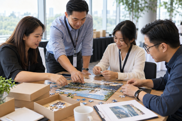 Corporate team assembling a custom jigsaw puzzle during a workshop