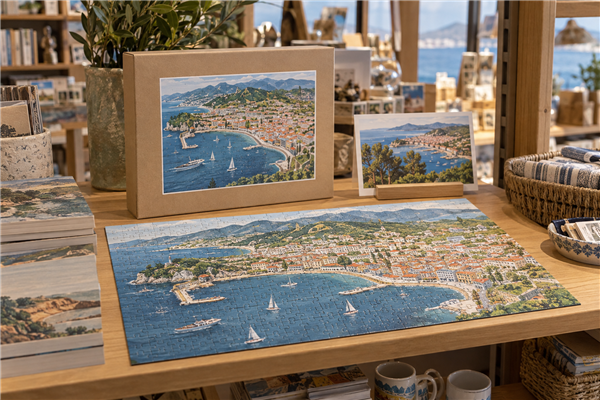 Destination-themed custom jigsaw puzzle and plain souvenir retail box