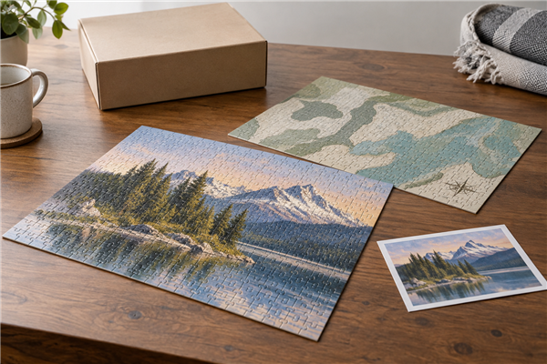 Double-sided custom jigsaw puzzle showing front artwork and reverse map-style print