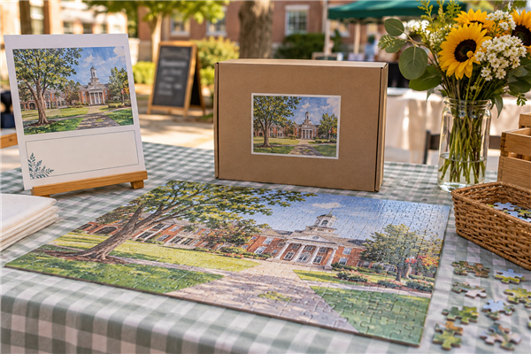Community fundraising custom puzzle with a school-campus illustration