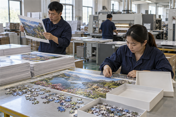 Custom cardboard jigsaw puzzles with unbranded packaging on a production review table