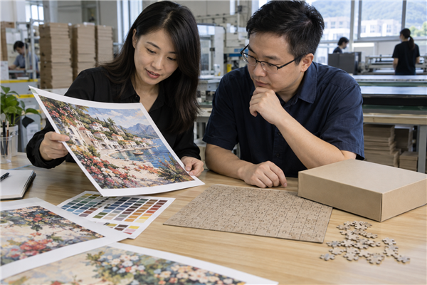 Art publisher and prepress specialist reviewing a fine-art puzzle print proof