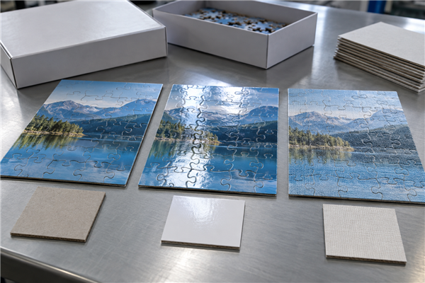 Matte, glossy and linen-finish custom jigsaw puzzle surface samples