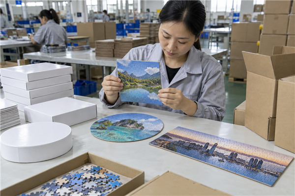 Shipment inspection of Custom Puzzle Formats for Retail: Mini, Square, Round and Panoramic Options at a custom puzzle factory