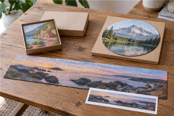 Custom square, round and panoramic jigsaw puzzle formats with plain packaging