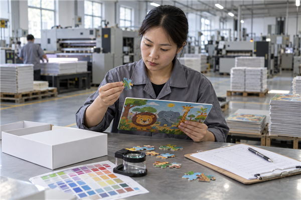 Asian quality technician reviewing a children's custom jigsaw puzzle sample in a Shenzhen factory