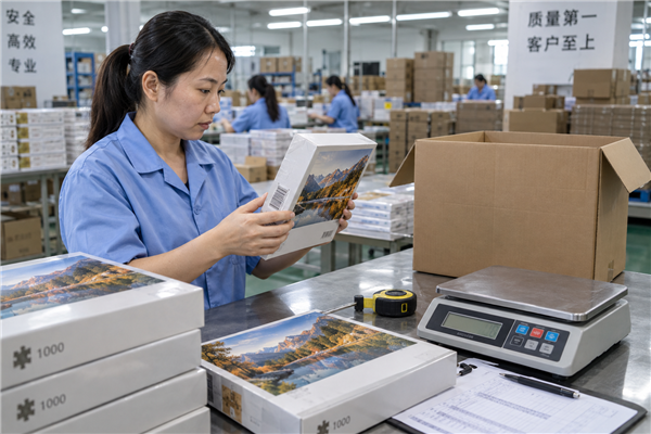 Asian inspector checking a custom puzzle box and carton for e-commerce fulfillment