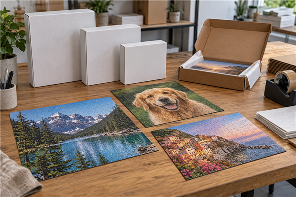 Private-label custom puzzle ecommerce range with plain retail boxes and mailer