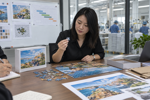 Asian product manager reviewing a custom jigsaw puzzle prototype and production plan