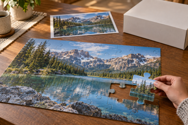 Large-piece custom jigsaw puzzle with high-contrast landscape artwork