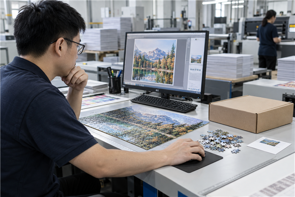 Asian prepress operator checking a personalized photo puzzle proof before production