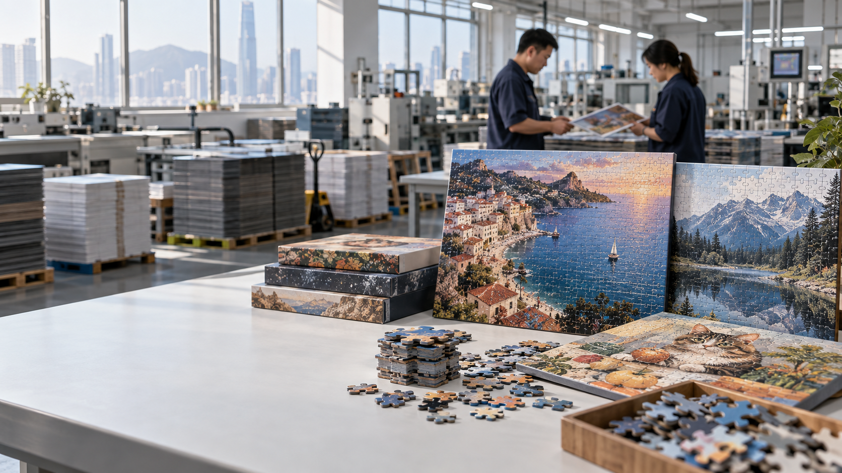Custom jigsaw puzzle pieces and finished puzzles inspected inside a Shenzhen manufacturing facility