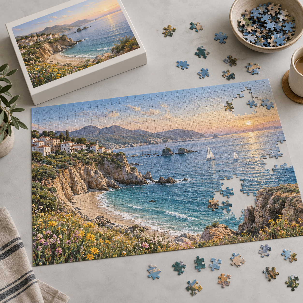 1000-piece art-led custom jigsaw puzzle and retail box
