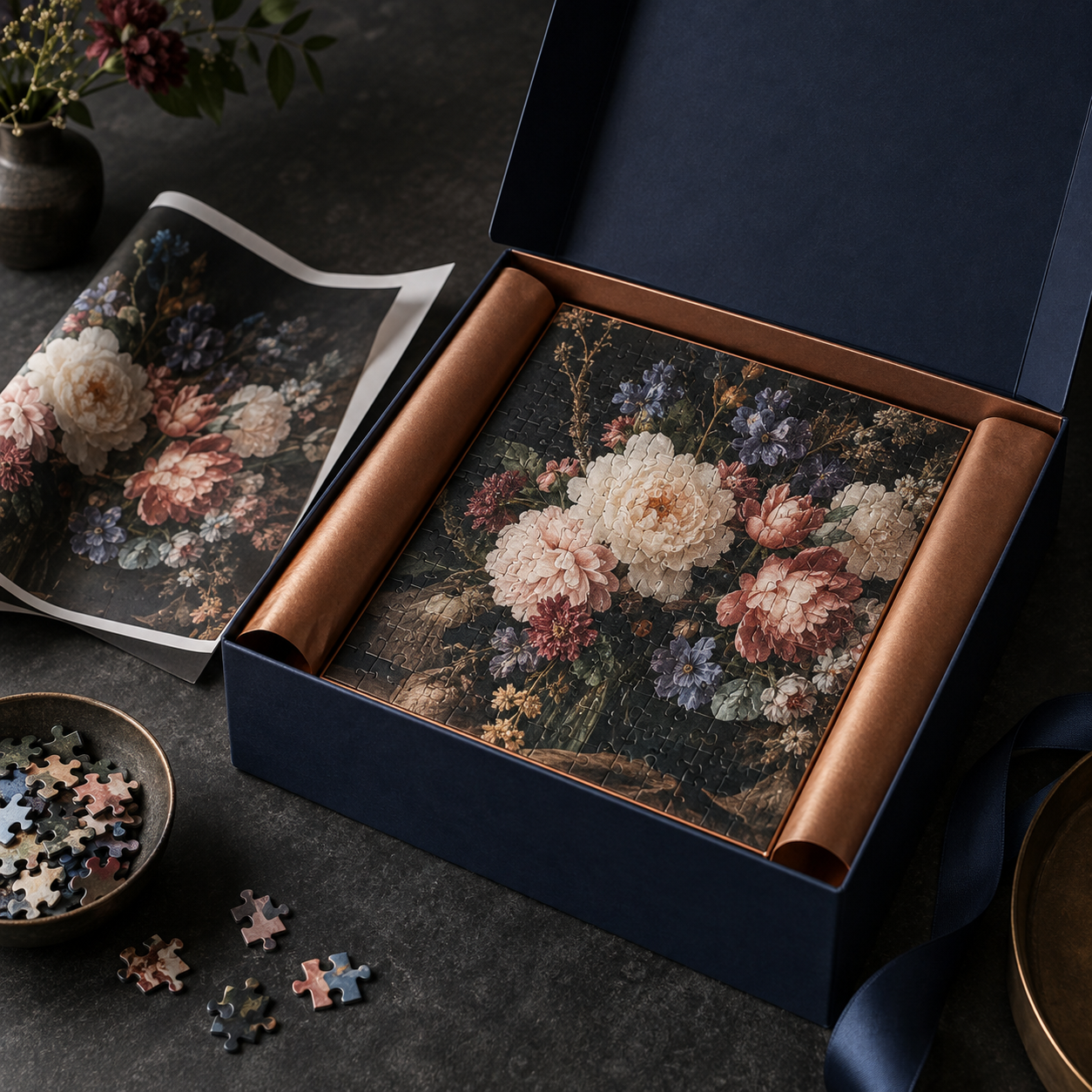 Premium custom jigsaw puzzle gift set in a presentation box